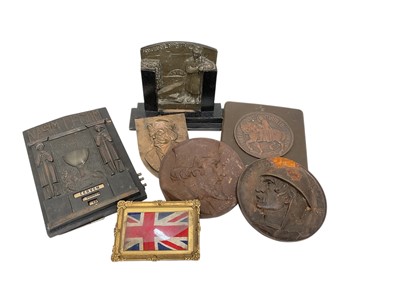 Lot 714 - First World War period metal photograph frame dated 1914, together with a similar calendar and group of metal relief plaques (1 box).