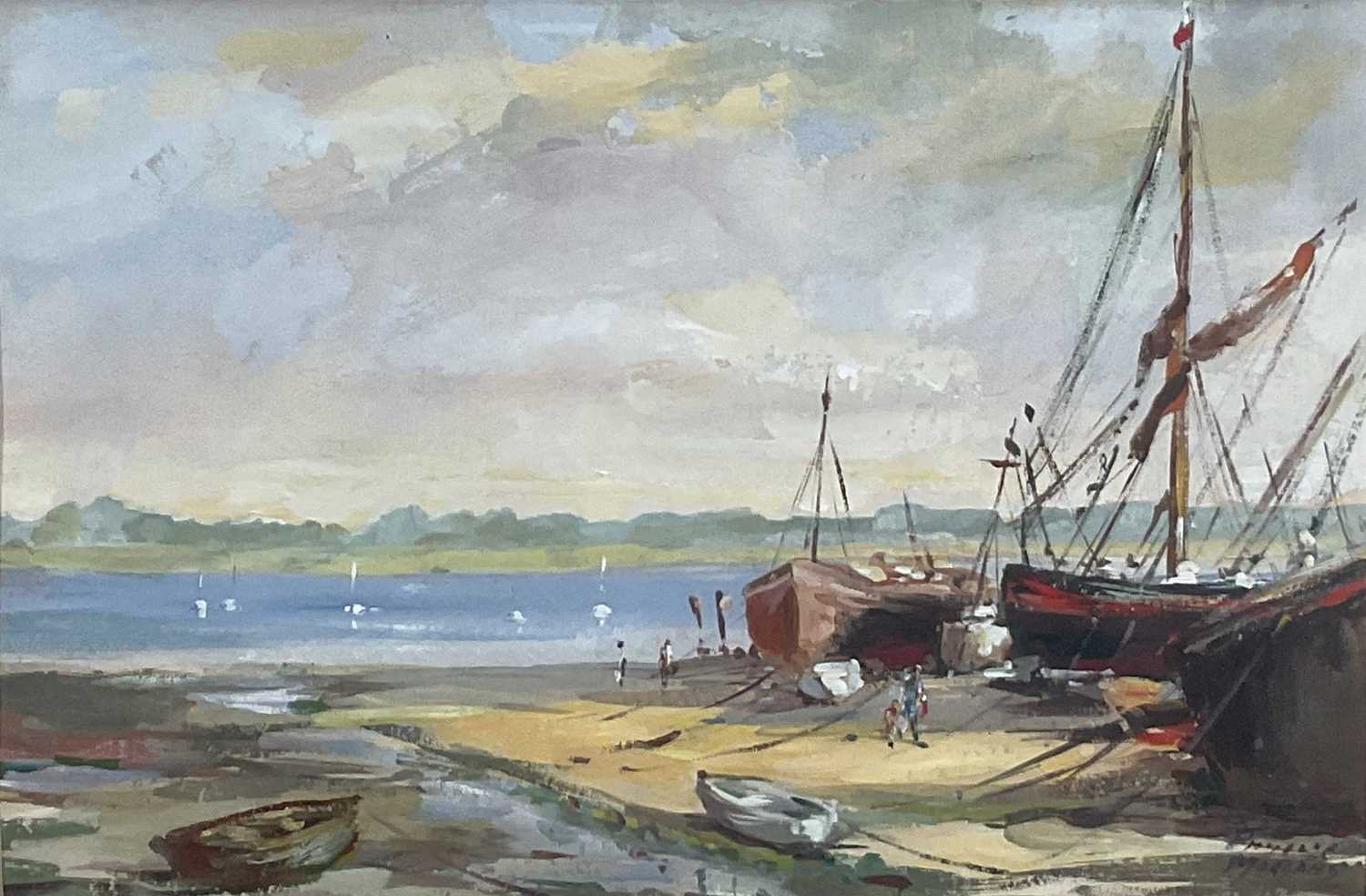 Lot 110 - Phyllis Morgans (1911-2001) oil - Anchorage on the Orwell, signed, 1971, 23cm x 34cm, in glazed frame
