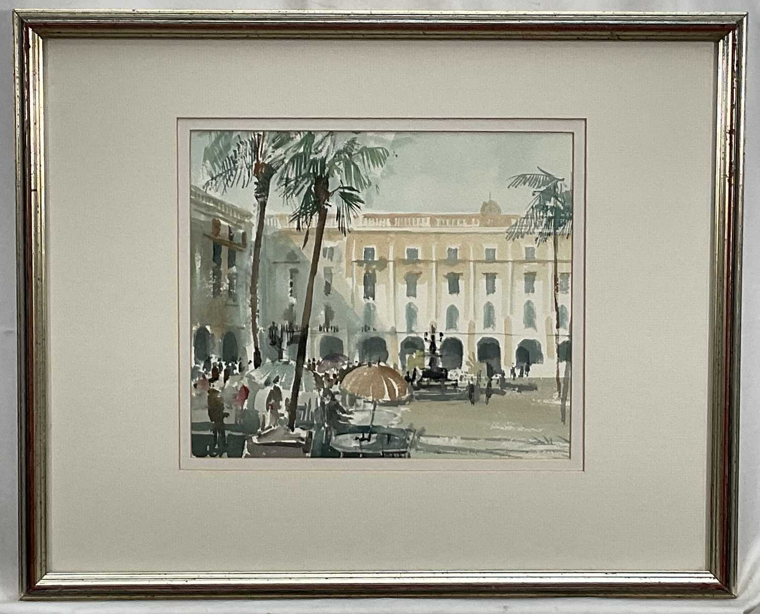 Lot 109 - Mike Chaplin (b.1943) watercolour - Plaza Real, Barcelona, signed, 25cm x 28cm, in glazed frame