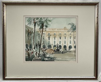 Lot 109 - Mike Chaplin (b.1943) watercolour - Plaza Real, Barcelona, signed, 25cm x 28cm, in glazed frame