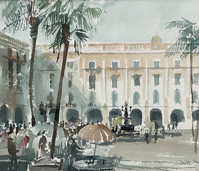 Lot 109 - Mike Chaplin (b.1943) watercolour - Plaza Real, Barcelona, signed, 25cm x 28cm, in glazed frame