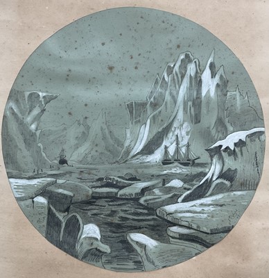 Lot 108 - F. Peters, pencil drawing heightened with white - Arctic scene with ships, signed and dated 1881.28.5 x 28.5cm, unframed