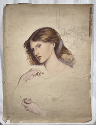 Lot 107 - Pre-Raphaelite style painting of a young woman, pencil, watercolour and pastel.66cm x 49.5cm.