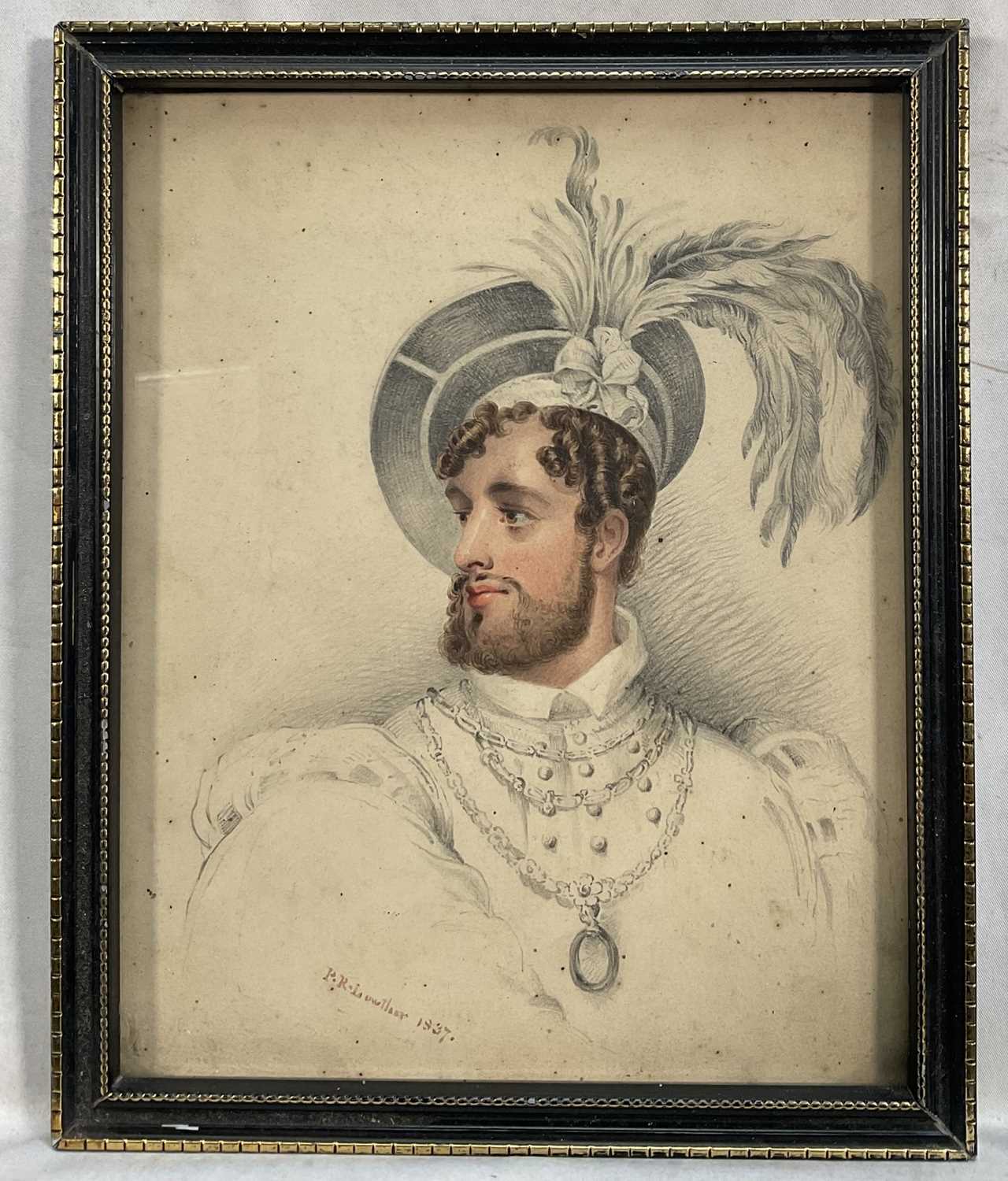 Lot 106 - P. R. Lowther, pencil and watercolour - Head of a Young Man, signed and dated 1837. 21cm x 17cm