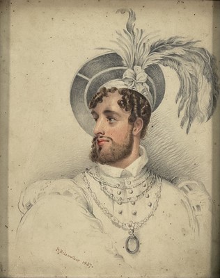 Lot 106 - P. R. Lowther, pencil and watercolour - Head of a Young Man, signed and dated 1837. 21cm x 17cm