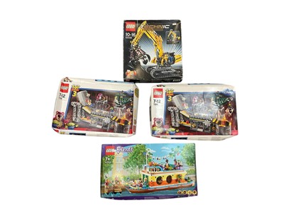 Lot 2036 - Lego Friends River Boat and figures, boxed (crumpled) No.41702, Toy Story 3 Trash Compactor Escape, boxed (crumpled) No.7596 (x2), Technics Excavator, boxed (poor) No.42006 & other boxed mod...