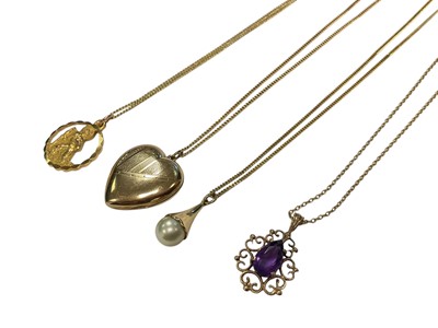 Lot 161 - Four 9ct gold pendants on 9ct gold chains including a heart shaped locket, St. Christopher, cultured pearl and an amethyst