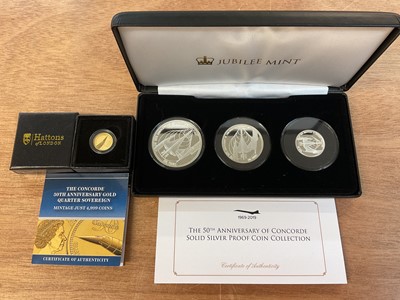 Lot 524 - World - Mixed coins to include Hattons of London gold ¼ Sovereign commemorating 50th Anniversary of Concorde 2019 and Jubilee Mint sterling silver three coin set commemorating 50th Anniversary o...
