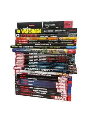Lot 1634 - Box of Marvel and DC graphic novels to include Star Wars, Batman The Killing Joke and Infinity Vol 1-2. Approximately 30 in lot