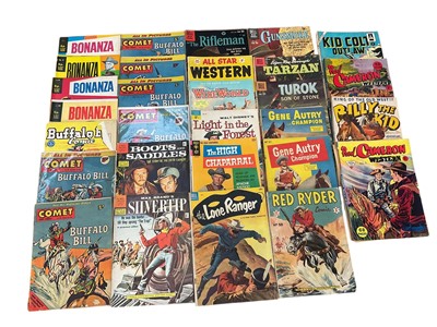 Lot 1635 - Box of Western comics to include gene Autry and Champion #1, all in pictures Comet Buffalo Bill, Pecos Bill The legendary hero of Texas, Long Bow #1, Sky sheriff Vol 1 #1 and others .Mostly pric...