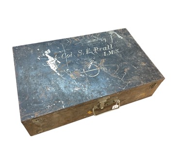 Lot 808 - Early 20th japanned tin Indian Medical Service army officer's trunk by J. Legge & Co, with painted naming to Lt. Col. S. E. Prall. I. M. S., together with printed research.