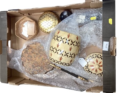 Lot 2714 - Selection of miscellaneous items including pair of Victorian face fans, Mother of Pearl gaming tokens, Indian painted bone biscuit barrel, Dansk Reindeer paper weight etc.