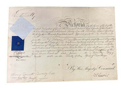 Lot 769 - Of Local Interest- H.M. Queen Victoria signed military commission document, appointing Henry Barrett Bromley as Pay Master in the 10th Regiment of Foot, dated 22nd February 1858.