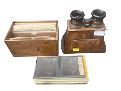 Lot 2463 - Walnut Brewster Patent stereoscope with quantity of early stereoviews incl. 2 glass stereoviews