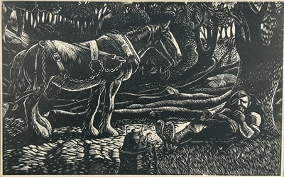 Lot 7 - 20th century English School woodblock print of a farmer at rest with Shire Horse, 16cm x 10cm in glazed frame