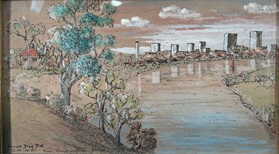 Lot 355 - Harold Day, mixed media, 'Perth W. A. From Sandringham Hotel, signed and inscribed, 11 x 21cm, together with another titled Mandering Weir, both framed (2)
