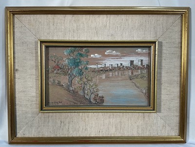 Lot 9 - Harold Day, mixed media, 'Perth W. A. From Sandringham Hotel, signed and inscribed, 11 x 21cm, together with another titled Mandering Weir, both framed (2)