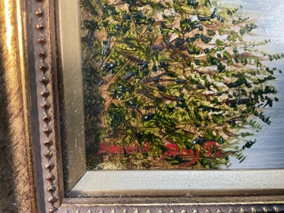 Lot 9 - Harold Day, mixed media, 'Perth W. A. From Sandringham Hotel, signed and inscribed, 11 x 21cm, together with another titled Mandering Weir, both framed (2)
