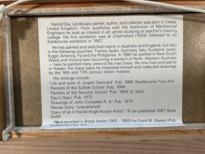 Lot 9 - Harold Day, mixed media, 'Perth W. A. From Sandringham Hotel, signed and inscribed, 11 x 21cm, together with another titled Mandering Weir, both framed (2)