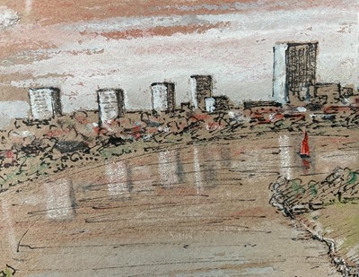 Lot 9 - Harold Day, mixed media, 'Perth W. A. From Sandringham Hotel, signed and inscribed, 11 x 21cm, together with another titled Mandering Weir, both framed (2)
