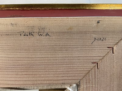 Lot 9 - Harold Day, mixed media, 'Perth W. A. From Sandringham Hotel, signed and inscribed, 11 x 21cm, together with another titled Mandering Weir, both framed (2)