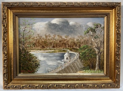 Lot 9 - Harold Day, mixed media, 'Perth W. A. From Sandringham Hotel, signed and inscribed, 11 x 21cm, together with another titled Mandering Weir, both framed (2)