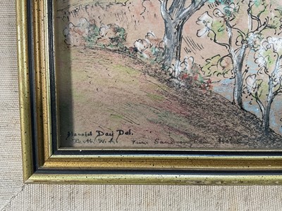 Lot 9 - Harold Day, mixed media, 'Perth W. A. From Sandringham Hotel, signed and inscribed, 11 x 21cm, together with another titled Mandering Weir, both framed (2)
