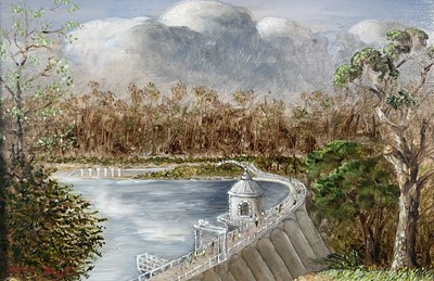 Lot 9 - Harold Day, mixed media, 'Perth W. A. From Sandringham Hotel, signed and inscribed, 11 x 21cm, together with another titled Mandering Weir, both framed (2)