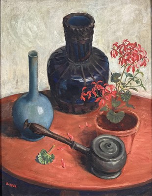 Lot 10 - William A Hogg (mid 20th century) oil on canvas, still life on a table, signed, a partially completed portrait verso, 46 x 35cm, framed