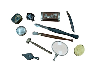 Lot 2471 - Sundry items, including a silver pill box, magnifiers, fleam, glass cutters etc