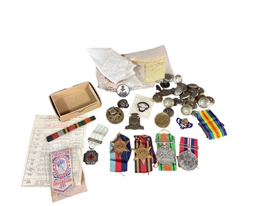 Lot 755 - Second World War medal group comprising 1939 - 1945 Star, Burma Star, Defence and War medal in box of issue, together with, Greek medal, cap badges and buttons (1 box).