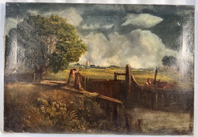Lot 13 - After John Constable, oil on canvas - The lock gate, 45 x 66cm