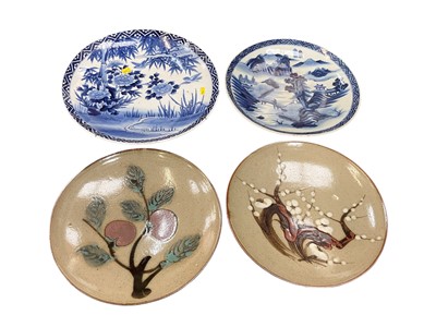 Lot 736 - 2x Large antique Oriental blue & white chargers and 2 further Japanese mid-century chargers