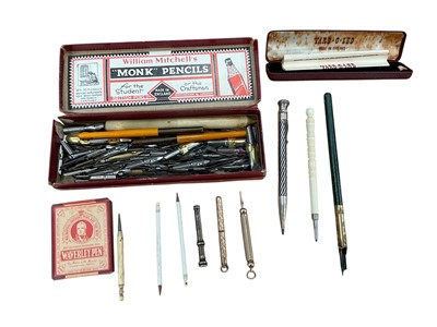 Lot 2468 - Box silver & yellow metal propelling pencils, nibs etc