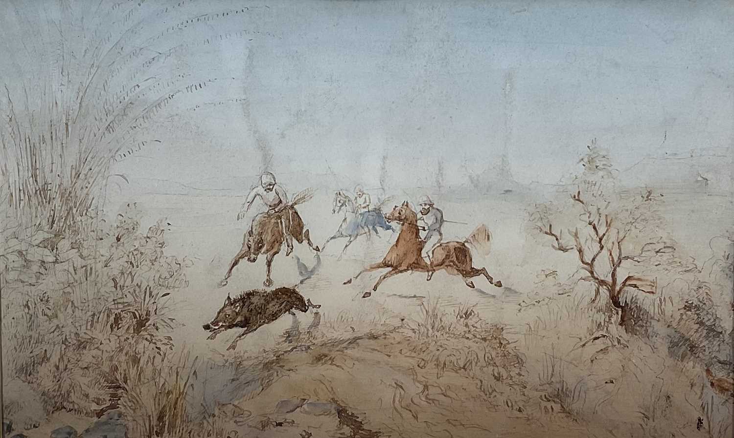 Lot 61 - Anglo Indian watercolour of a boar hunt, 21cm x 13cm mounted in glazed gilt frame 38cm x 30cm overall