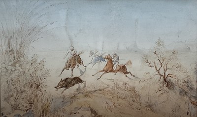 Lot 61 - Anglo Indian watercolour of a boar hunt, 21cm x 13cm mounted in glazed gilt frame 38cm x 30cm overall