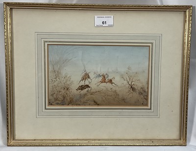 Lot 61 - Anglo Indian watercolour of a boar hunt, 21cm x 13cm mounted in glazed gilt frame 38cm x 30cm overall