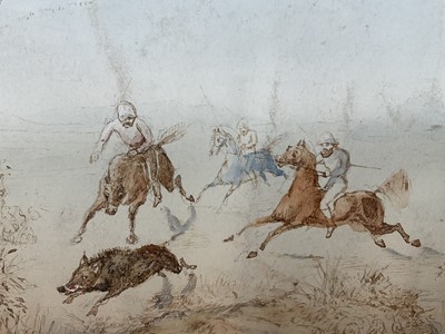 Lot 61 - Anglo Indian watercolour of a boar hunt, 21cm x 13cm mounted in glazed gilt frame 38cm x 30cm overall
