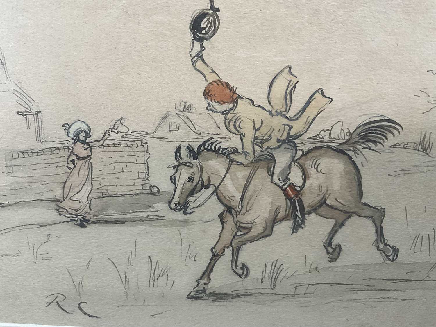 Lot 14 - Attributed to Randolph Caldecott (1846-1886) ink and watercolour illustration from 'The Fox jumps over the Parson's Gate, initialled, in glazed frame, 11.5cm x 17cm, together with a copy of the...