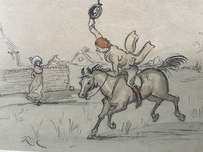 Lot 14 - Attributed to Randolph Caldecott (1846-1886) ink and watercolour illustration from 'The Fox jumps over the Parson's Gate, initialled, in glazed frame, 11.5cm x 17cm, together with a copy of the...
