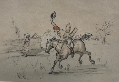 Lot 14 - Attributed to Randolph Caldecott (1846-1886) ink and watercolour illustration from 'The Fox jumps over the Parson's Gate, initialled, in glazed frame, 11.5cm x 17cm, together with a copy of the...