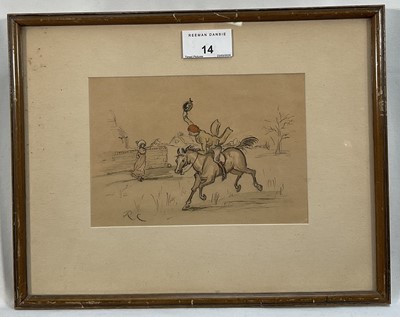 Lot 14 - Attributed to Randolph Caldecott (1846-1886) ink and watercolour illustration from 'The Fox jumps over the Parson's Gate, initialled, in glazed frame, 11.5cm x 17cm, together with a copy of the...