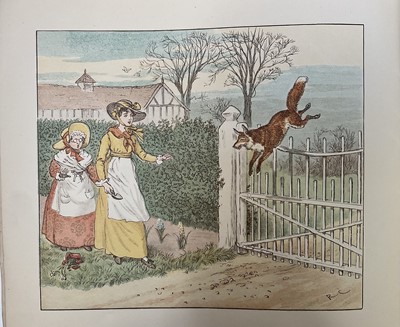Lot 14 - Attributed to Randolph Caldecott (1846-1886) ink and watercolour illustration from 'The Fox jumps over the Parson's Gate, initialled, in glazed frame, 11.5cm x 17cm, together with a copy of the...