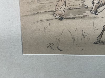 Lot 14 - Attributed to Randolph Caldecott (1846-1886) ink and watercolour illustration from 'The Fox jumps over the Parson's Gate, initialled, in glazed frame, 11.5cm x 17cm, together with a copy of the...