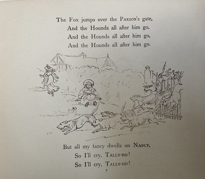 Lot 14 - Attributed to Randolph Caldecott (1846-1886) ink and watercolour illustration from 'The Fox jumps over the Parson's Gate, initialled, in glazed frame, 11.5cm x 17cm, together with a copy of the...