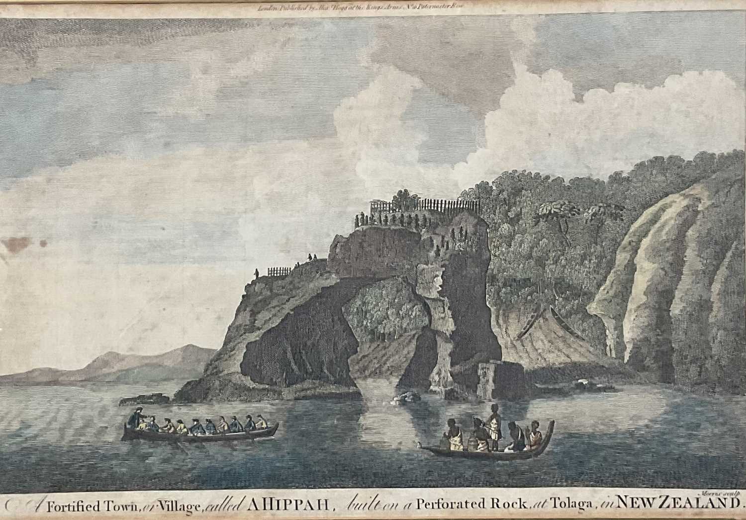 Lot 60 - 18th century hand coloured engraving - 'A Fortified town called Ahippah,.. Tolaga,.. New Zealand', pub. London, possibly 1785, by Alexander Hogg, 33cm x 22cm, in glazed frame