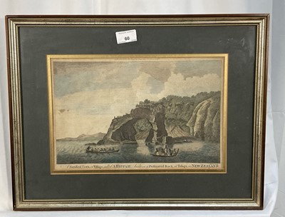 Lot 60 - 18th century hand coloured engraving - 'A Fortified town called Ahippah,.. Tolaga,.. New Zealand', pub. London, possibly 1785, by Alexander Hogg, 33cm x 22cm, in glazed frame