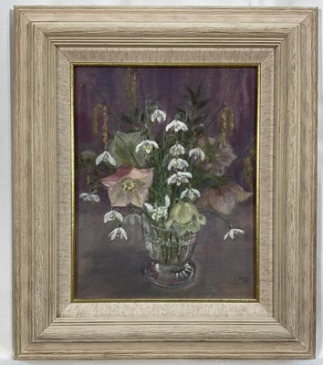 Lot 59 - Jean Simonson, contemporary, oil on canvas board - Still life of flowers, initialled, 24.5cm x 19cm, framed