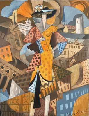 Lot 15 - Francois Brochet (1925-2001) oil on canvas - ‘La Touriste’, signed, inscribed verso, framed, 65cm x 50cm