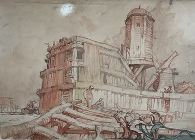 Lot 16 - Sir Frank William Brangwyn (1867-1956) watercolour - harbour with a windmill, apparently unsigned, in glazed gilt frame, 36cm x 50cm